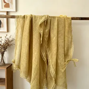 Women Summer Lightweight Scarf Lace Trim Floral Shawl Versatile Sun Protection Beach Wrap For Travel Daily
