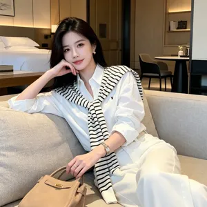 Classic old money style striped knit scarf and white shirt set, elegant spring summer fashion.