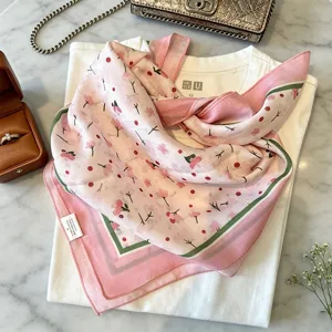 Floral print square silk scarf for women, lightweight pastel neckerchief for stylish daily wear.