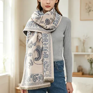 Vintage ethnic style warm winter scarf, elegant paisley floral tassel shawl for women.