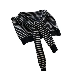 Black and white striped knitted long shawl sweater versatile minimalist cardigan top for women