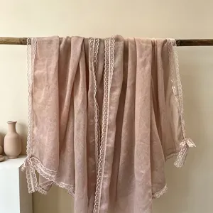 Spring summer pink lace border scarf thin shawl elegant versatile sun protection wrap 90cm