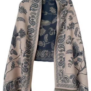 Retro ethnic style warm winter shawl and scarf with classic paisley print and elegant fringe details.