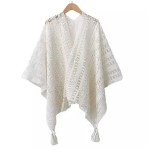 Cape cardigan en tricot ajouré blanc à franges, châle de protection solaire rétro chic.