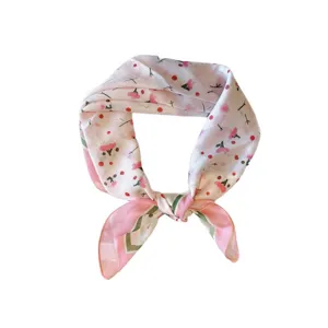 Floral pink pastoral small square scarf, lightweight sweet neck bandana for daily women sun protection.