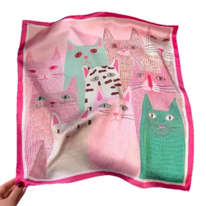 Künstlerischer Katzenprint Seidengefühl Quadrat Tuch, bunter rosa Rand Damenschal.
