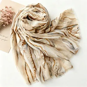 Retro abstract printed gauze scarf women elegant fringe headscarf fashion beach shawl sun protection