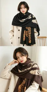 Detail shot of women's autumn winter warm leopard print fashion scarf shawl for daily wear.