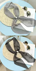 French style black and white striped silk scarf with pearl buckle for hair and bag accessory.