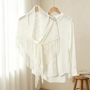 White knitted hollow fringe shawl and cardigan detail, elegant lazy style daily wear outerwear.
