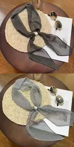 French black and white striped silk scarf with pearl, versatile hair and bag ribbon.