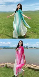 Detail shot of Chinese style gradient scarf and shawl for women, perfect for travel photos and beach.