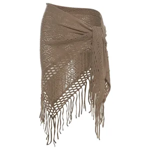 Brown knitted hollow fringe triangular scarf shawl versatile fashion cozy wrap for women.