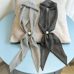 French Style Striped Long Scarf With Pearl Accent Elegant Ribbon Bandana For Hair Bag And Waist Women Fashion Accessories