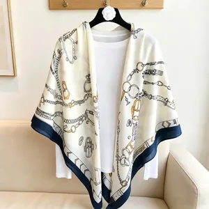 Fashion Women Cotton Linen Square Scarf Equestrian Chain Print Shawl Travel Sun Protection Beach Wrap Elegant