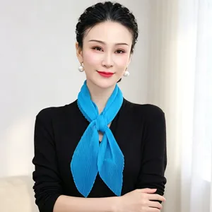 Solid blue pleated long scarf for women, lightweight fashion neck ribbon for spring and summer.