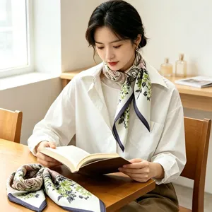 Women's Silk Scarf Square Botanical Floral Print Neck Scarf Fashion Versatile Lightweight Daily Sun Protection Scarf