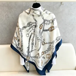 Elegant 130cm square silk scarf with classic chain print, luxury style shawl for women.