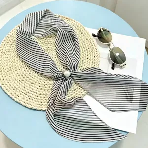 French style black and white striped silk scarf with elegant pearl buckle for hair or bag decor.