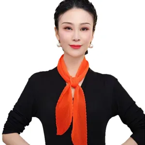 Orange pleated narrow scarf for women, stylish long ribbon neck scarf for spring and summer.