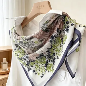 Women vintage floral print silk scarf versatile fashion neckerchief summer sun protection wrap