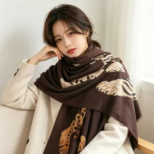 Stylish brown animal print scarf winter warm soft fashion women shawl chic cozy wrap