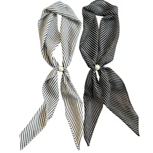 Chic black and white striped long silk scarf with elegant pearl buckle for hair styling bags.