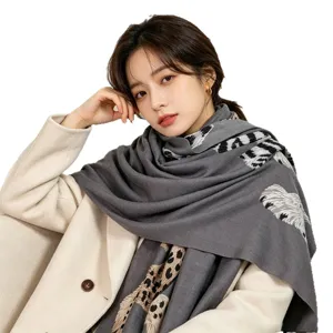 Chic European street style autumn winter leopard print grey scarf warm fashion shawl for women.