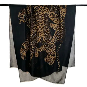 Women's vintage leopard print long scarf, elegant lightweight shawl for travel and daily wear.