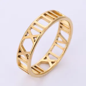 Detailansicht eines goldenen Edelstahl Rings mit römischen Ziffern, minimalistisch.