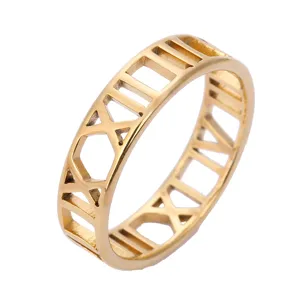 Klassischer römischer Ziffern Ausschnitt Edelstahlring, stilvoller Goldschmuck Hauptbild.