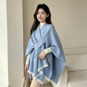 Elegant solid color shawl cape for women, autumn winter warm imitation cashmere fringe open poncho.