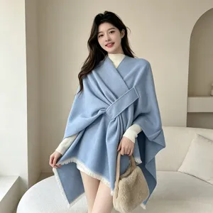 Women autumn winter solid color fleece shawl cape elegant tassel wrap outerwear for daily wear