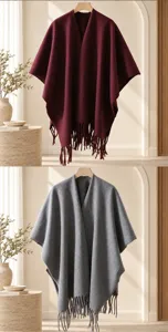 Detailed view of women's cozy knit fringe poncho in burgundy and grey color options.
