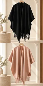 Close-up of knit fringe cape detail, showing soft texture and elegant drape in two colors.