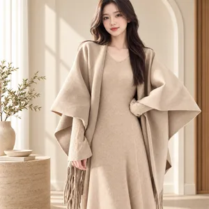 Women Elegant Solid Color Knit Tassel Shawl Cape For Winter Warm Polyester Pashmina Wrap Scarf Loose Casual Open Front Poncho Cardigan