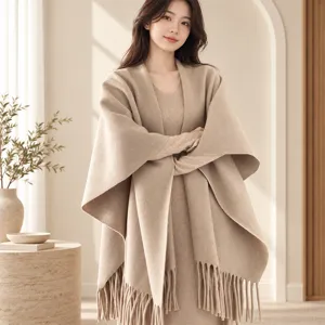 Women khaki knit fringe shawl cape and matching dress set for autumn and winter daily wear.