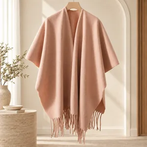 Women solid color tassel poncho shawl knitted cardigan cape, cozy autumn winter outerwear.