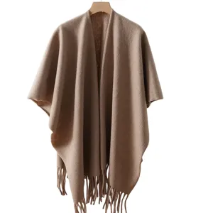 Women khaki solid knit poncho fringe cape shawl cozy autumn winter casual stylish outerwear