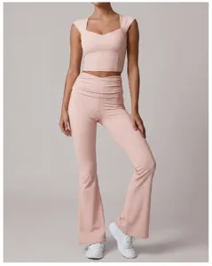 High-waist flare yoga pants detail, activewear fitness trousers with unique waist design.