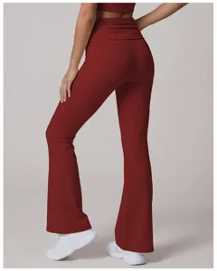 High waist flared yoga pants for women, cross waist pleated workout pants, stretchy gym leggings.