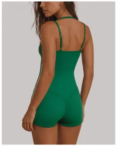 Green halter backless yoga romper with contrast side stripe for women fitness workout gym shorts