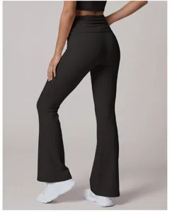 Back view detail of high-waisted black flared yoga pants featuring stretchy slim fit design.