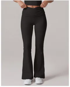 Crossover high-waisted flare yoga pants with irregular waist, stretchy athletic leggings.