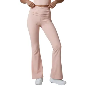 Women's High Waist Crossover Ruched Flare Yoga Pants Nylon Spandex Bootcut Leggings Tummy Control Butt Lifting Sports Trousers
