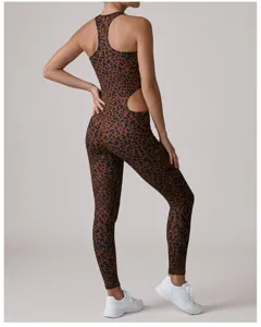 Leopard print yoga jumpsuit back view details, high elastic quick-drying fitness activewear.