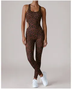 Leopard print yoga jumpsuit detail featuring high stretch quick dry fabric and side cutout.