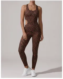 Leopard print yoga jumpsuit, cutout waist detail, high elastic quick dry activewear.