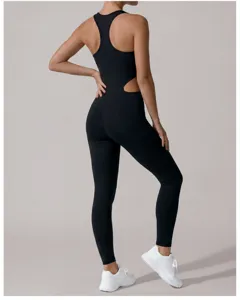 Women's Black Athletic Jumpsuit Workout Yoga Romper Cutout Back Activewear Pants