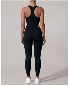 Back view detail of black athletic jumpsuit, racerback design, side cutout for active fitness.